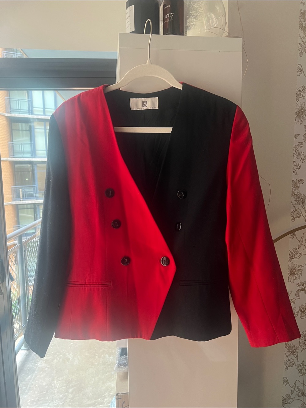 Women's Red & Black Double-Breasted Colorblock Blazer